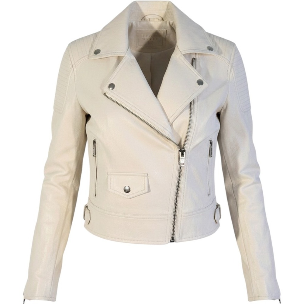 BLANKNYC Jacket Womens XS White Faux Leather Moto Biker Zip Elastic Hem Cropped